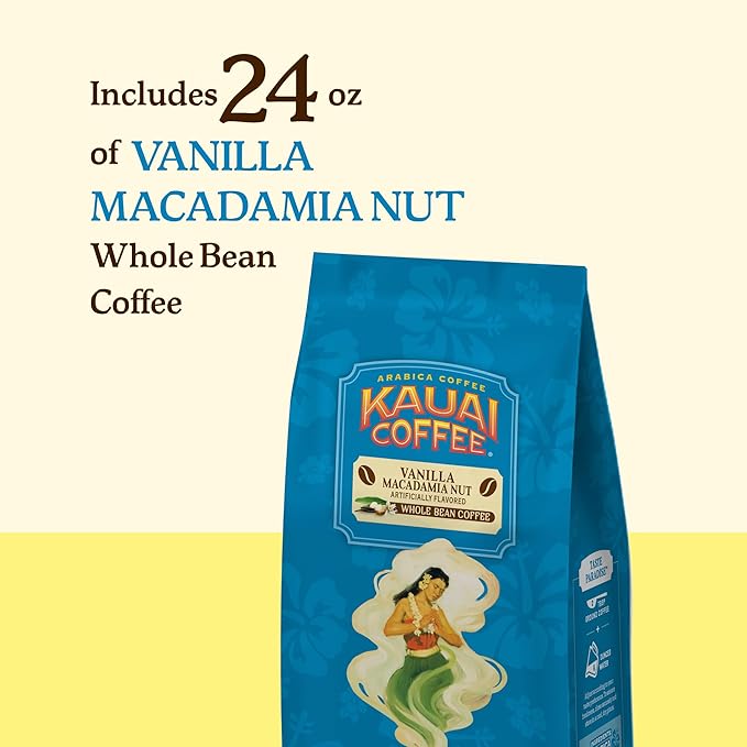 Kauai Coffee Whole Bean Coffee – Smooth, Non-Bitter Medium Roast Pure Arabica – Sweet Aroma, Hint of Nuttiness – Grown on Hawaii's Largest Coffee Farm – Vanilla Macadamia Nut, 1 Pack of 24oz