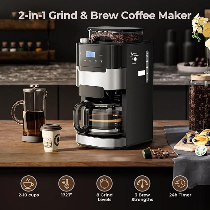 Drip Coffee Maker with Grinder Built In, 10-Cup Grind and Brew Coffee Machine, Programmable with Brew Strength, Permanent Filter, Glass Carafe, 50oz Water Reservoir, Ideal for Home/Office, Black