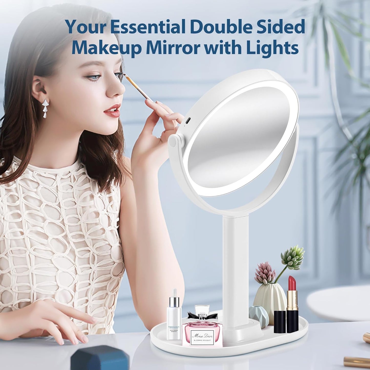 Lighted Makeup Mirror, 20X Magnifying Mirror with Light and Adjustable Brightness, Vanity Mirror with 3 Color Light, 2-Sided Mirror for Desk, Detachable Travel Makeup Mirror with Light 8.8 Inches