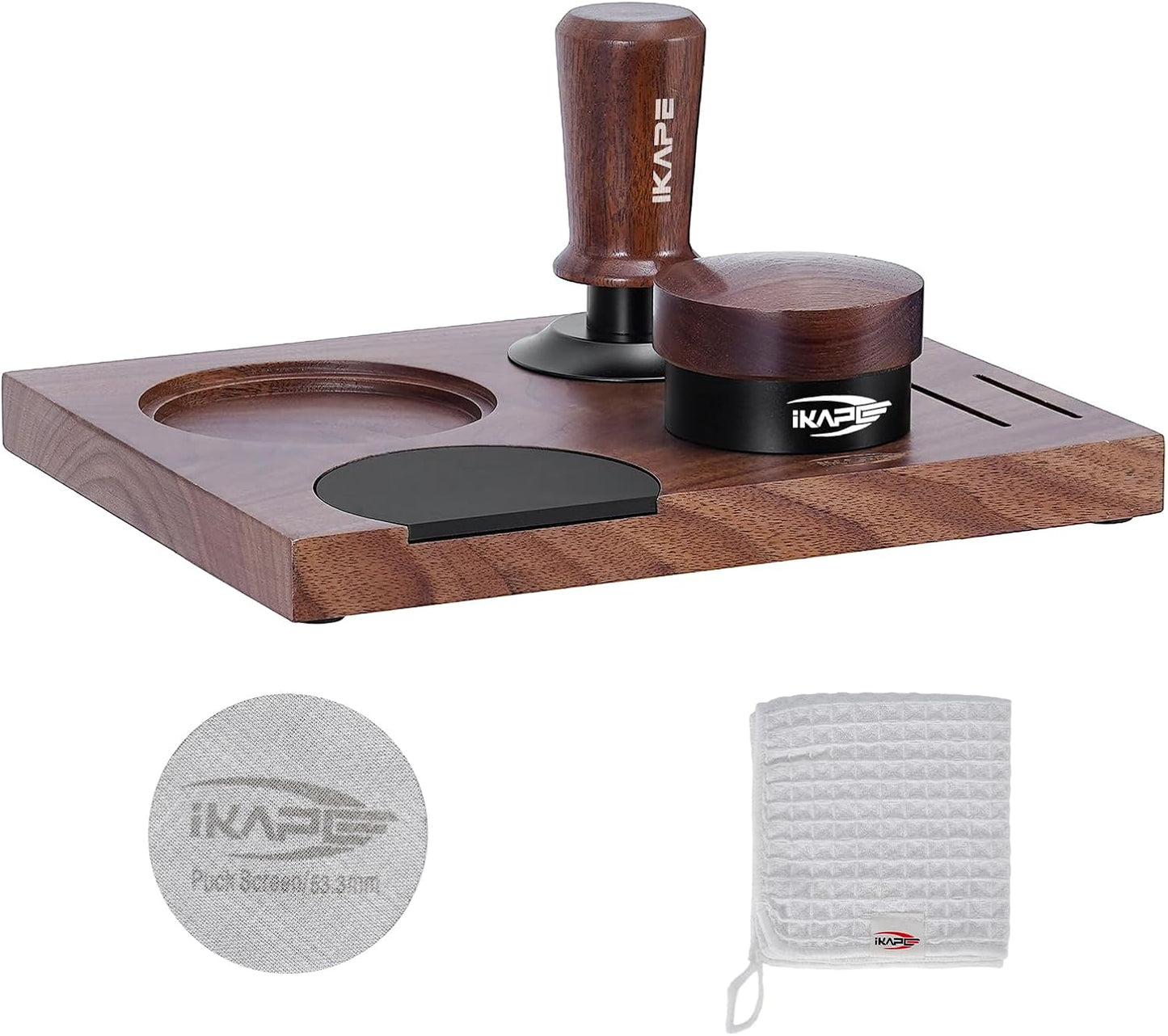 IKAPE 53MM Espresso Tamper Kit 5 IN 1, Wooden Coffee Tamper Set, Coffee Tamper, Distributor, Coffee Base, Puck Screen, Cleaning Towel - Essential for Baristas, Crafted from Durable Walnut Wood