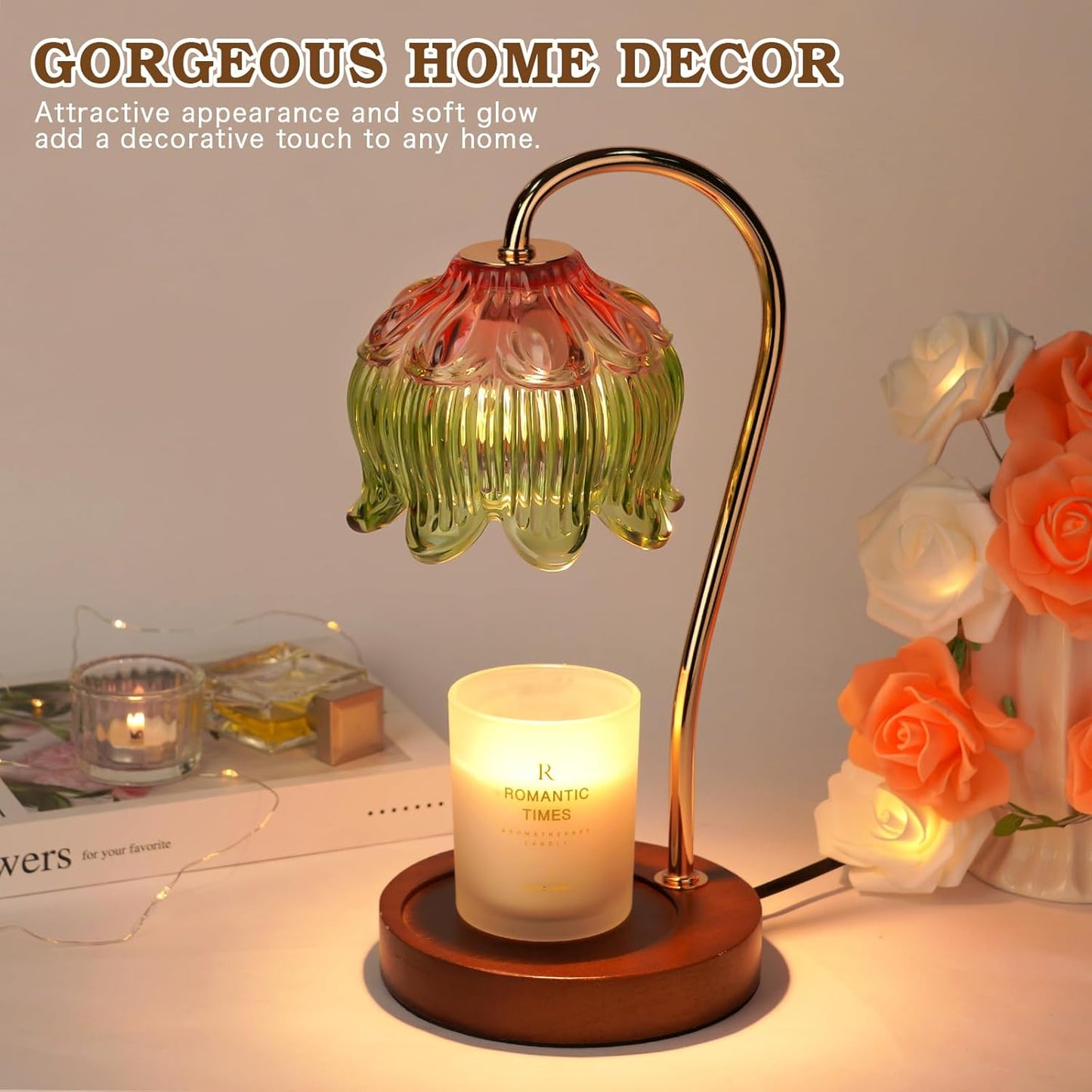 Glass Candle Warmer Lamp with Timer, Electric Candle Warmer Lamp, Graduation Birthday Gifts for Women Girls, Flower Candle Light Warmer Gifts, Aromatic Candle Warmer for Vintage Home Decor
