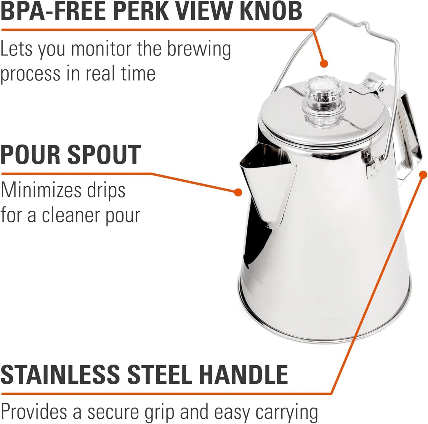 GSI Outdoors Percolator Coffee Pot I Glacier Stainless Steel Ultra-Rugged for Brewing Coffee Over Stove and Fire | Ideal for Group Camping, 8 Cup
