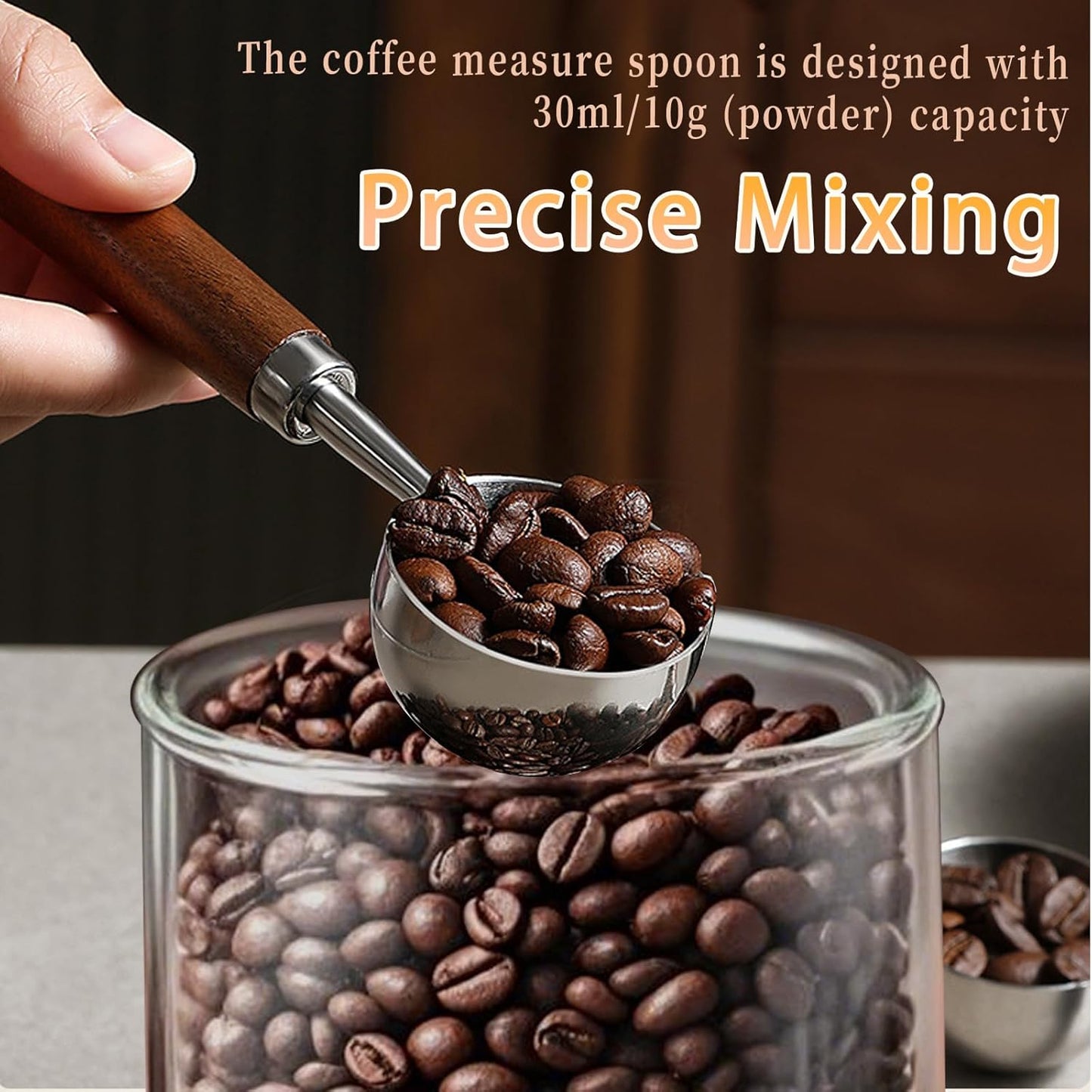 2PCS Vintage Coffee Measuring Spoon， 30ml/10g Capacity coffee scoop for ground coffee、Coffee Beans And Tea，304 Stainless Steel coffee spoons with long Wooden Handle（Silver)
