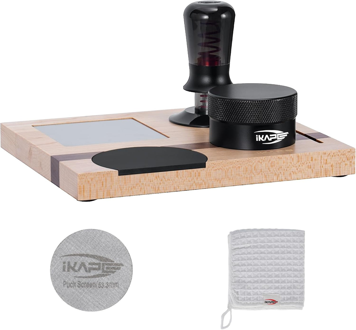IKAPE 53MM Espresso Tamper Kit 5 IN 1, Espresso Tool Kit with Semi-Transparent Coffee Tamper, Distributor, Tamper Base, Cleaning Towel, Essential for Baristas