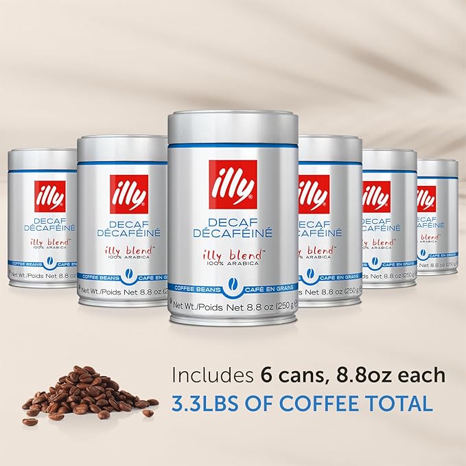 illy Whole Bean Coffee - Perfectly Roasted – Classico Decaf Roast - with Notes of Caramel, Toasted Bread & Chocolate - 100% Arabica Beans - No Preservatives – 8.8 Ounce, 6 Pack