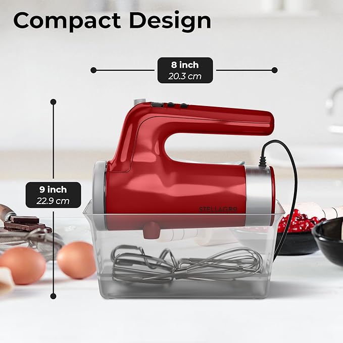 9 Speed Electric Handheld Mixer with Stainless Steel Whisk Beater Attachments & Snap Storage Case, Compact Lightweight 350 W Powerful hand held mixer for Baking & Cooking, Red