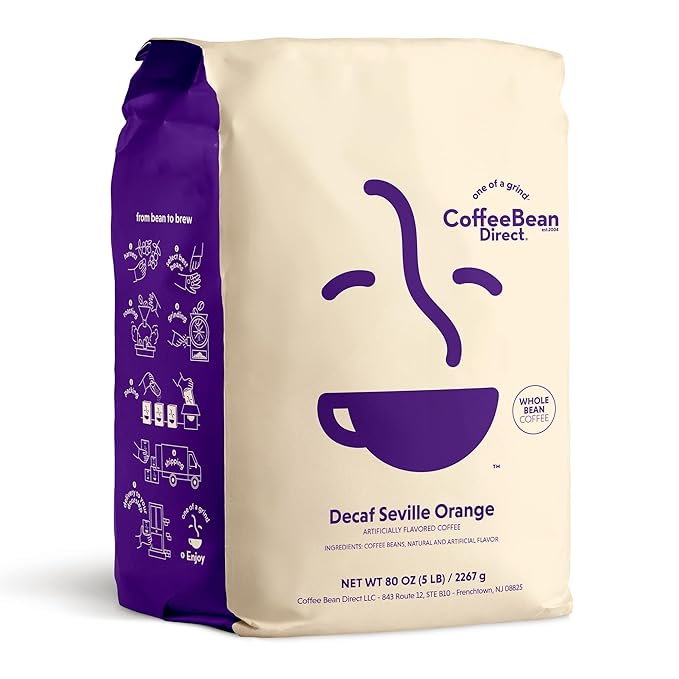 Coffee Bean Direct Decaf Seville Orange Flavored, Whole Bean Coffee, 5 Pound Bag (Pack of 1)
