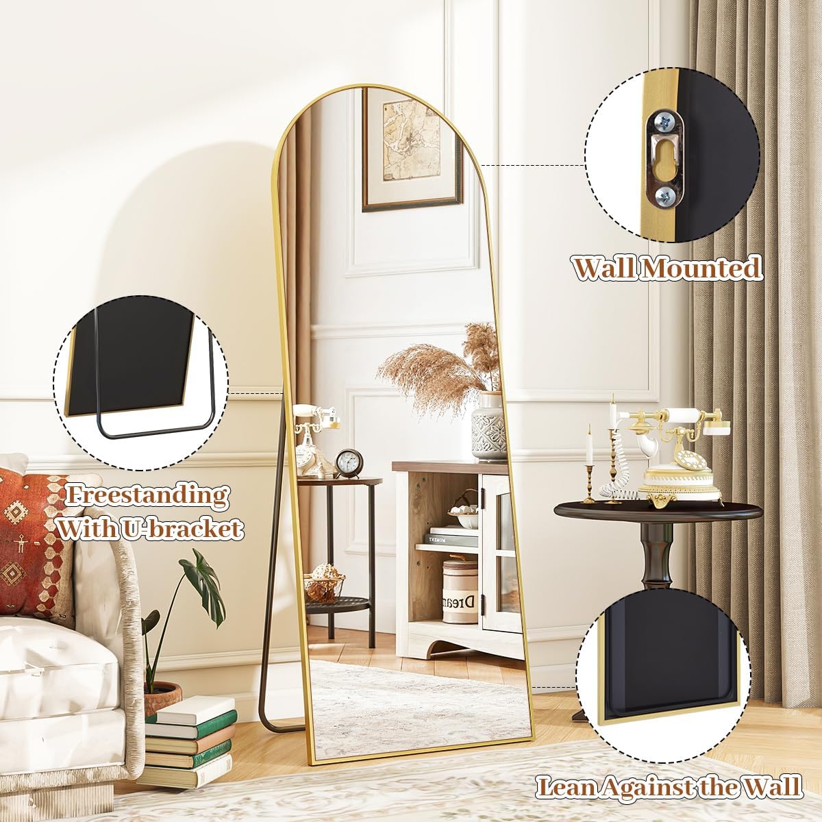 VooBang 21 x 64 inch Arched Full Length Mirror, Gold Arch Floor Mirror Full Length with Stand, Full Body Standing Mirror for Living Room, Bedroom, Hanging or Leaning Against The Wall