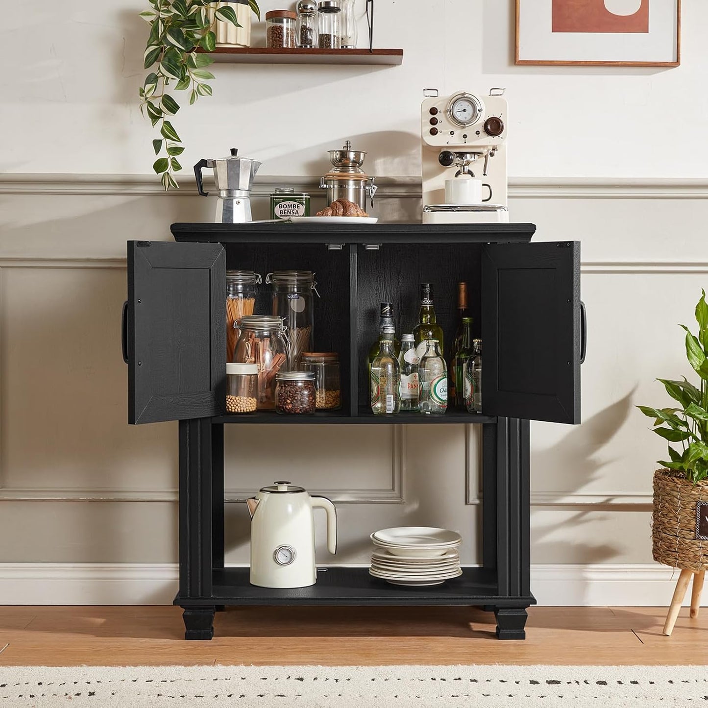 Farmhouse Coffee Bar Station with 2-Door Cabinet, Small Kitchen Cabinet with Open Lower Shelf, Entryway Table with Storage for Dining Room, Kitchen, Hallway, Living Room, Black