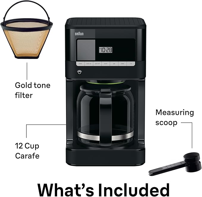 Braun Brew Sense 12 Cup Drip Coffee Maker - Pause & Pour Mid Brew, Programmable Coffee Machine with 24-Hour Timer & Clock, 1-4 Cup Functions, Self Clean, Auto Shutoff, Removable Filter Basket, Black