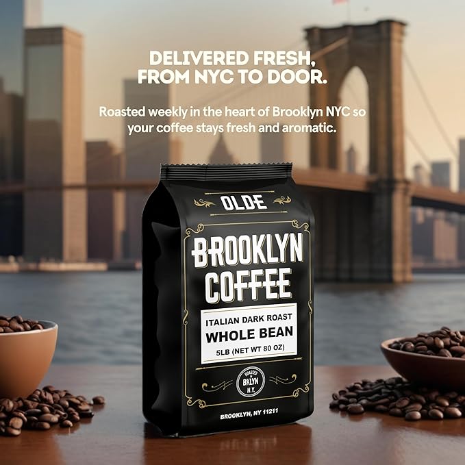 BROOKLYN COFFEE Whole Bean, Italian Dark Roast (5lb) Extra Strong, Delicious Taste, Heavenly Aroma - Fresh Bulk Coffee Beans Roasted Weekly in NYC