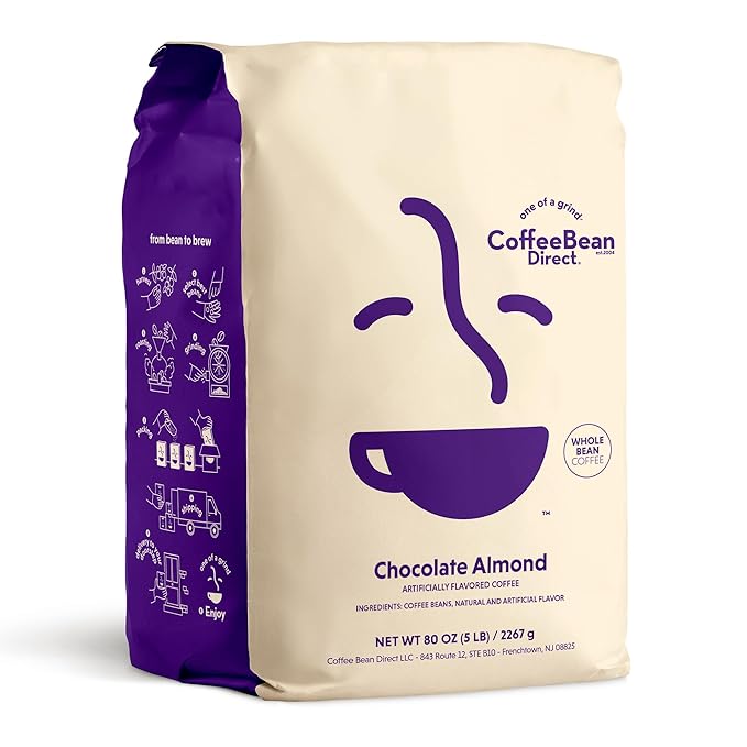 Coffee Bean Direct Chocolate Almond Flavored, Whole Bean Coffee, 5 Pound Bag (Pack of 1)