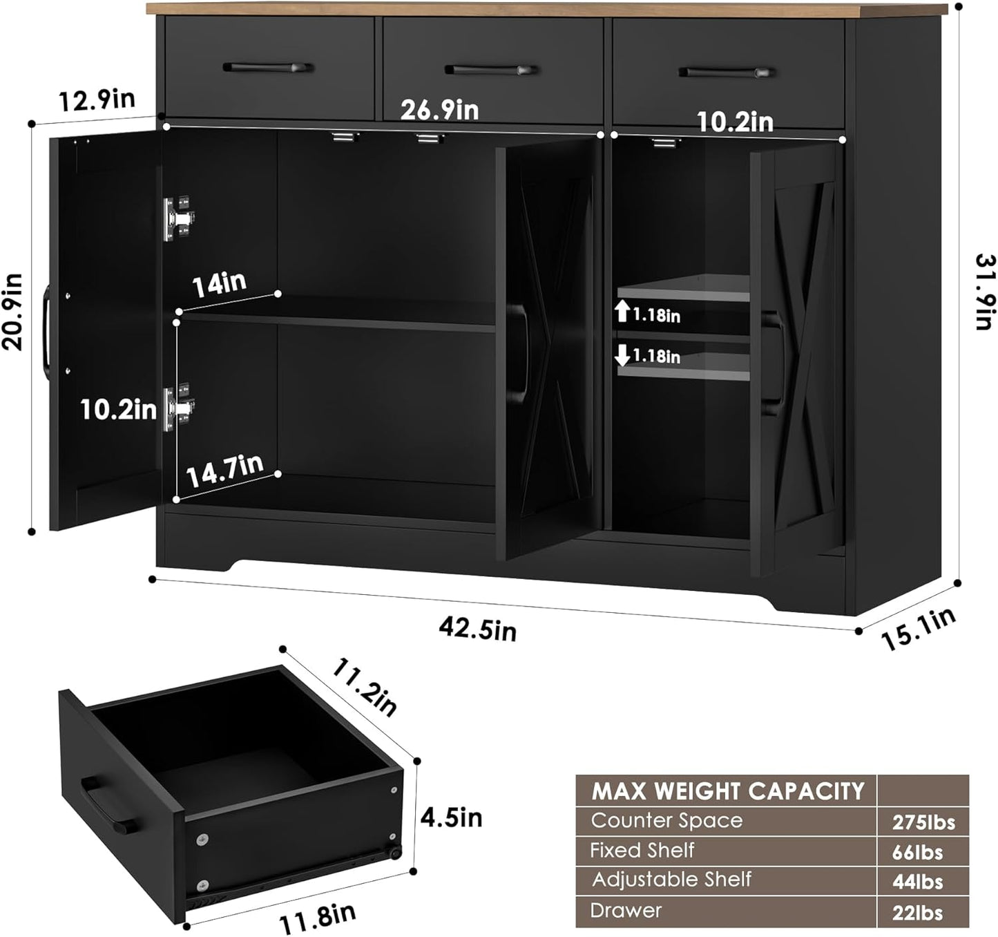 HOSTACK Modern Farmhouse Buffet Sideboard Cabinet, Barn Doors Storage Cabinet with Drawers and Shelves, Wood Coffee Bar with Storage for Dining Room, Kitchen, Living Room, Black/Rustic Brown