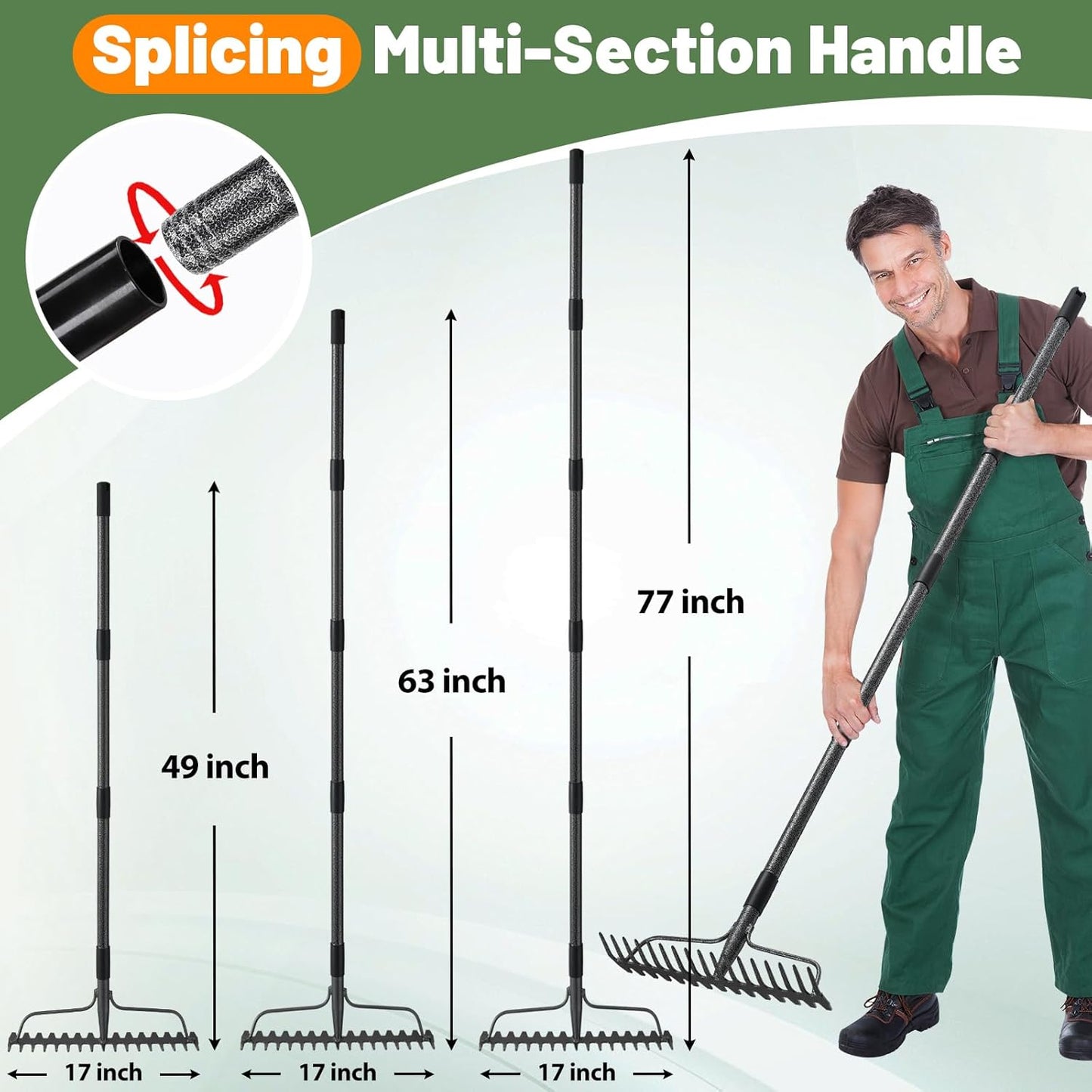 Rake, 17 Tines with 49 Inch Handle, 17 Inch Wide Heavy Duty Garden Thatch Leaf Rake for Raking Leaf Loosening Soil Gathering Mulch Leveling Rocks, Rustproof Metal Bow Rakes for Leaves Grass