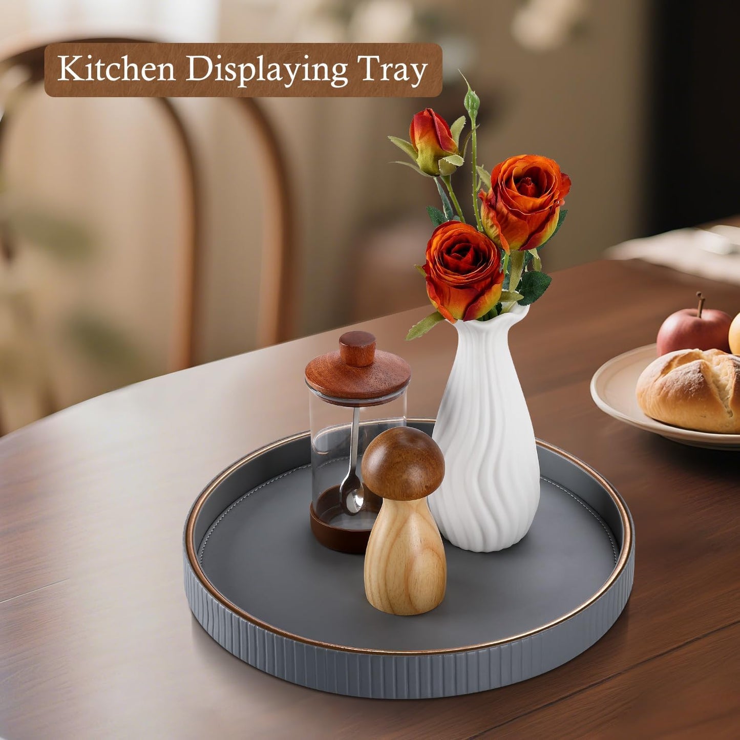 GORESE Round Coffee Table Tray for Home Decor, 12" PU Leather Decorative Serving Trays Table Centerpiece for Kitchen Island, Perfume Trinket Trays for Dresser, Ottoman Tray Nightstand Organizer, Gray