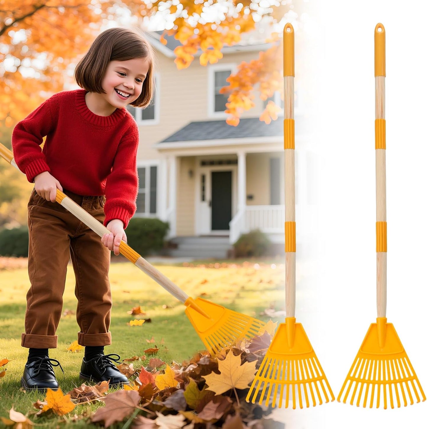 Acostop 2 Pcs Kids Rakes with Wood Handle - 34" Lightweight Plastic Garden Rake for Leaves, Safe to Use Kid Yard Tools for Boys Girls Fall Gardening Gifts (Yellow)
