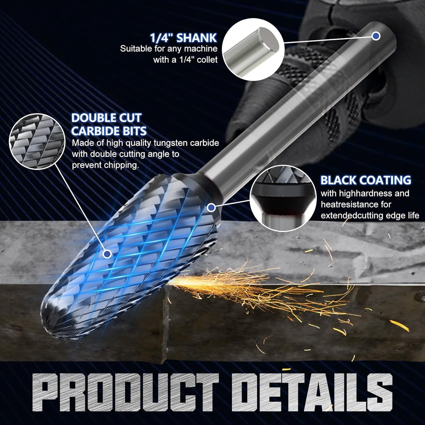 CATITO Arc Cylinder With Ball Top Die Grinder Bit, Cut Carbide Rotary Burr for Steel, Wood and Metal Working, Engraving, polishing and Cleaning