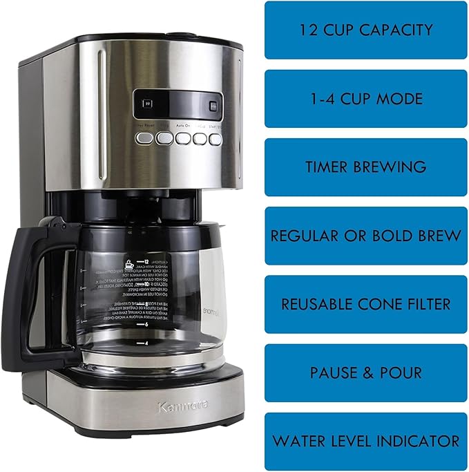 Kenmore Drip Coffee Maker - Programmable Cafe Machine With Glass Pot, Regular & Bold Brew, Auto Shut Off Large Water Reservoir, Reusable Filter, Kitchen Appliances For Cafeteria Barista, 12 Cup Black
