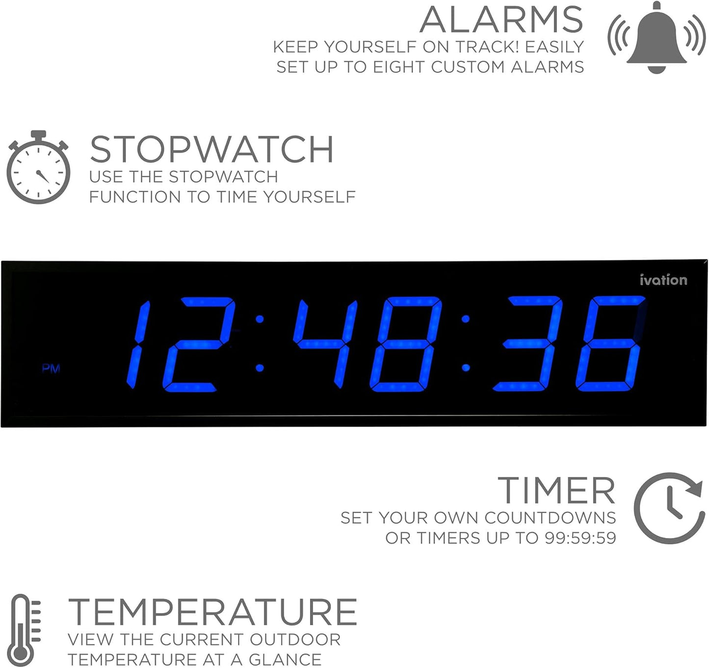 Ivation Oversized 36" Large Digital LED Clock | Big Digital Clock w/Multi-Function Display – Stopwatch, Timer, Alarms, Temp & Date | 6 Brightness Levels, Time Memory & Remote (Blue)