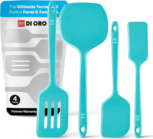 New DI ORO Silicone Turner Spatula Set - Kitchen Spatulas for Nonstick Cookware - Cooking Utensils for Flipping Eggs & Pancakes - 600°F Heat-Resistant BPA Free Turners - Dishwasher Safe (4pc, Teal)