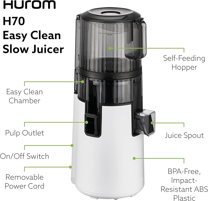 Hurom H70 Cold Press Juicer Machine, Easy to Clean Masticating Slow Juicer, Ideal Balance of Size and Function, Compact, Strainer Free, Self Feeding, Hands Free, with Wide Mouth Hopper (White)