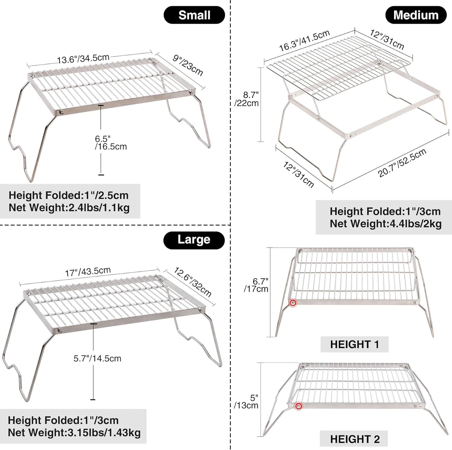 REDCAMP Folding Campfire Grill 304 Stainless Steel Grate, Adjustable Height Portable Camping Grill with Carrying Bag for Outdoor Cooking BBQ