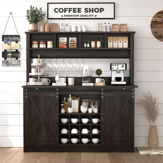 4ever2buy Farmhouse Coffee Bar Cabinet with Storage Hutch, 55“ Wine Bar with 12 Wine Racks and 8 Hooks, Coffee Station with 4 Open Shelves and Sliding Barn Doors for Kitchen, Dining Room, Dark Oak