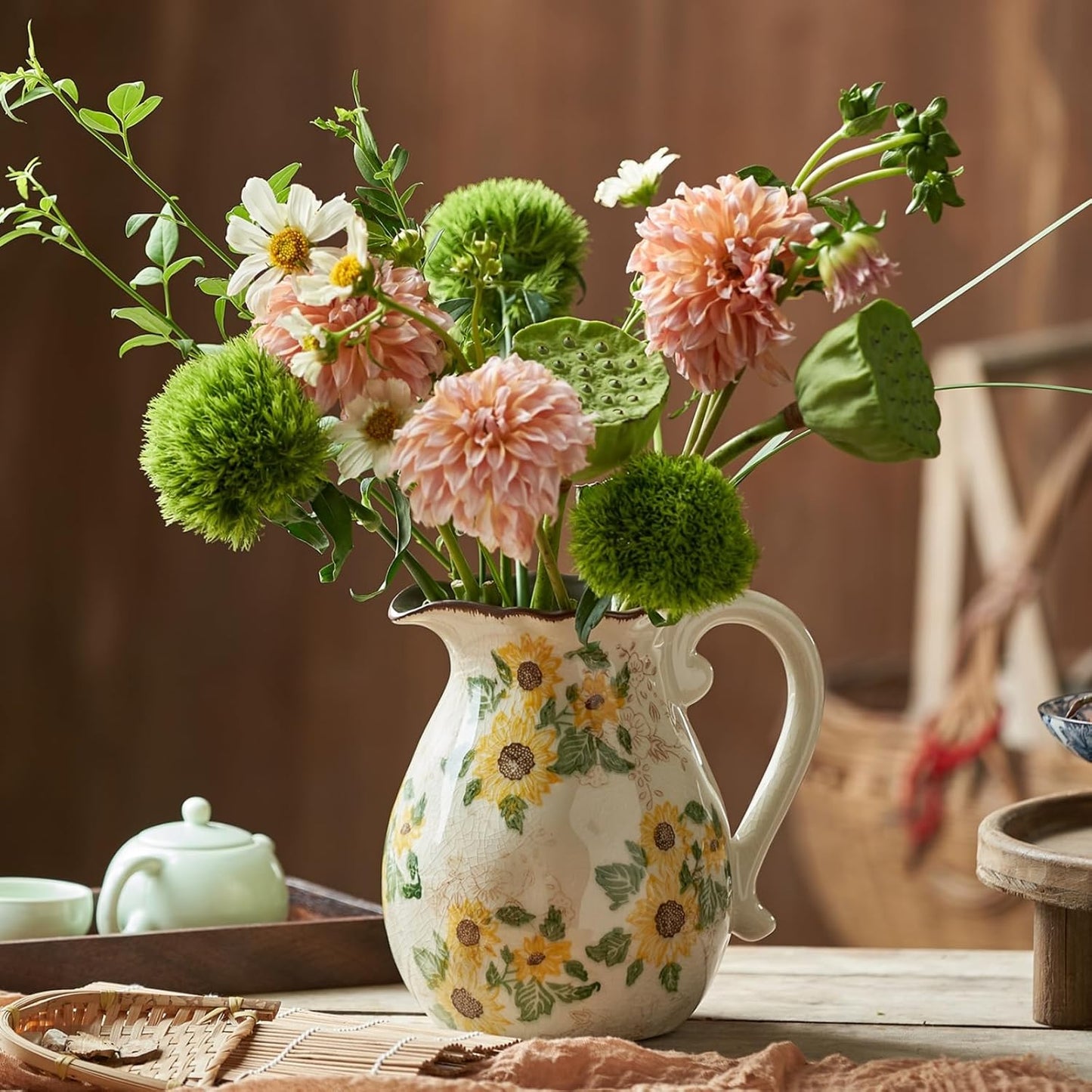 Vintage Vase with Handle, 6 Inch Ceramic Pitcher Sunflower Floral Vase, Rustic Farmhouse Vases for Grandma Core Home Decor, Bookshelf Office Tuscan Decor (Small Teapot)