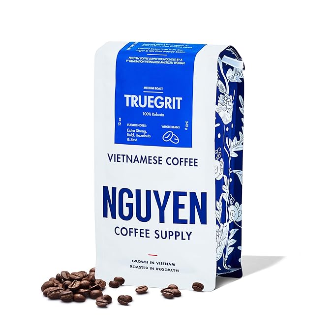 Nguyen Coffee Supply - Truegrit Robusta: Medium Roast Premium Whole Coffee Beans, Vietnamese Single Origin, Direct Trade, Low Acid with High Caffeine Content, Roasted in Brooklyn [12 oz Bag]