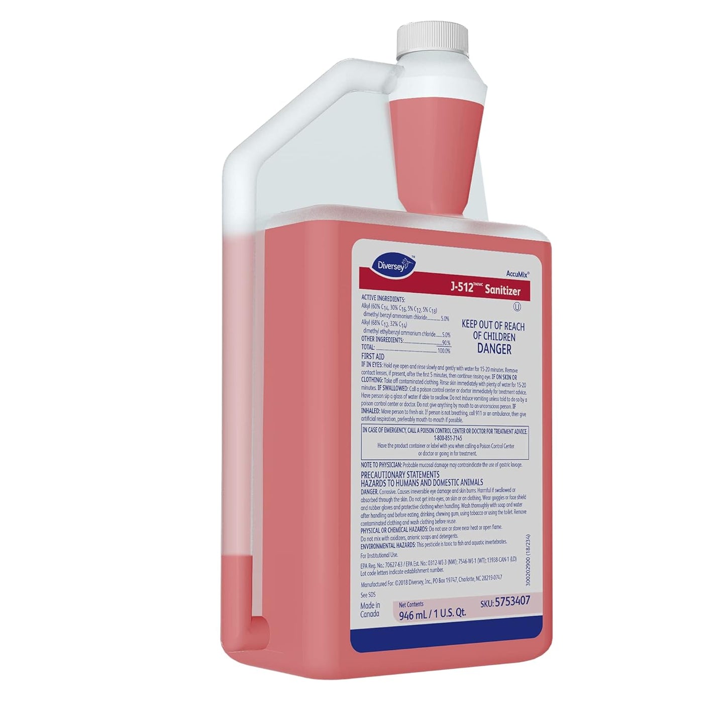 Diversey 5753407 J-512 Sanitizer, No Rinse Food Contact Kitchen Sanitizer for Utensils & Dishes, AccuMix Concentrate, 32-Ounce