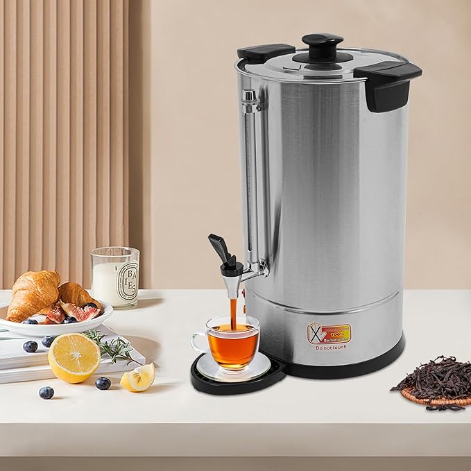 Commercial Electric Coffee Pot 1500W Stainless Steel Coffee Maker Hot Water Dispenser with Drip Tray for Cafes Offices Gatherings, No Temp Control (Silver, 15L)