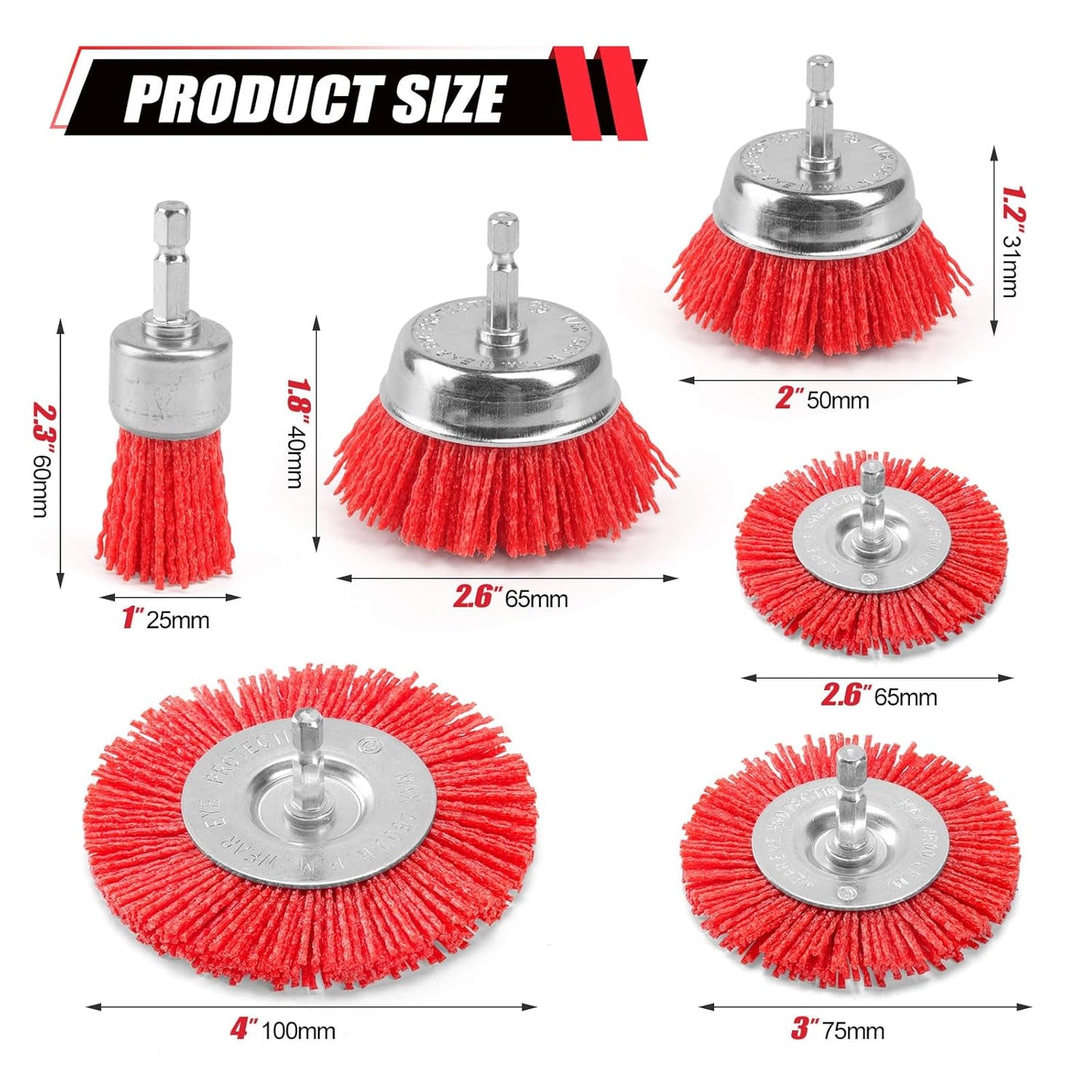 POLIWELL Nylon Abrasive Brush for Drill, 6 Pack Nylon Filament Wire Wheel & Cup Brush Set, 1/4 Inch Hex Shank, 3” and 2.6” Red Coarse Abrasive Bristle Drill Brushes for Paint, Corrosion, Rust Removal