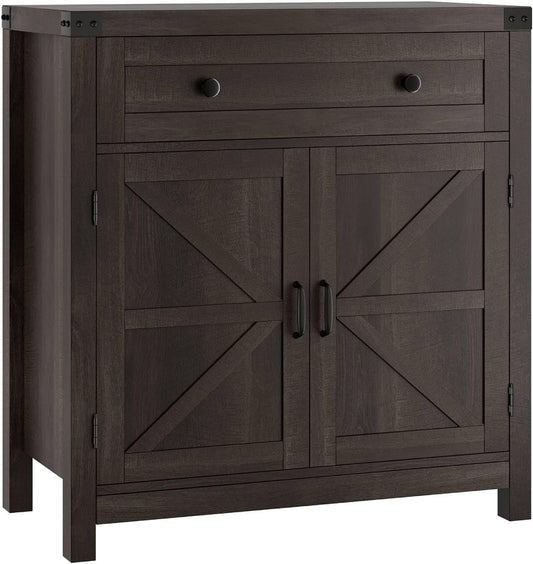 HOSTACK Coffee Bar Cabinet, Kitchen Storage Cabinet, Modern Farmhouse Buffet Sideboard with Drawer and Adjustable Shelf, Barn Door Accent Cabinets for Kitchen, Dining Room, Entryway, Dark Brown