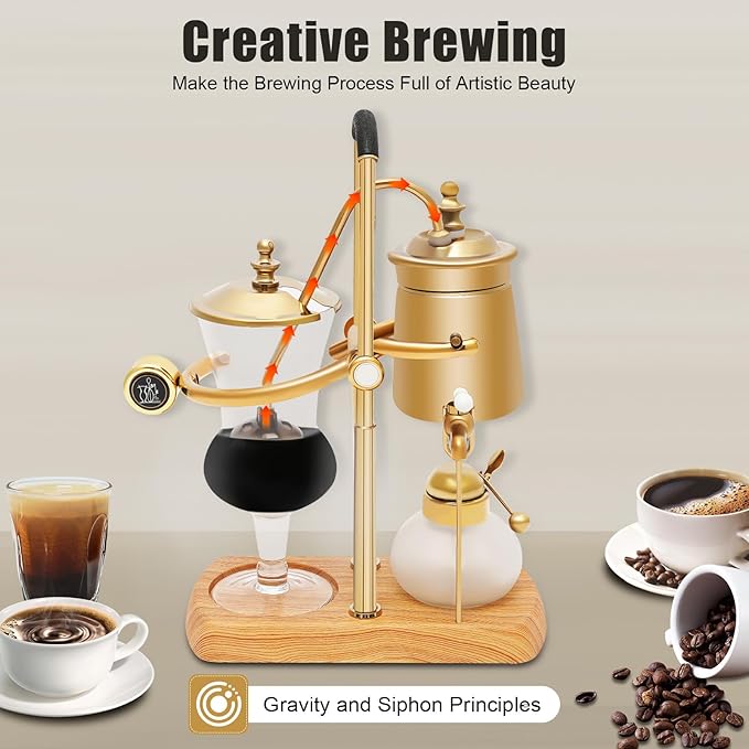 Belgium Royal Family Balance Coffee Maker，Luxury Royal Family Balance Syphon Siphon Vacuum Brewing System，Gold Vintage Classic Retro Coffee Pot