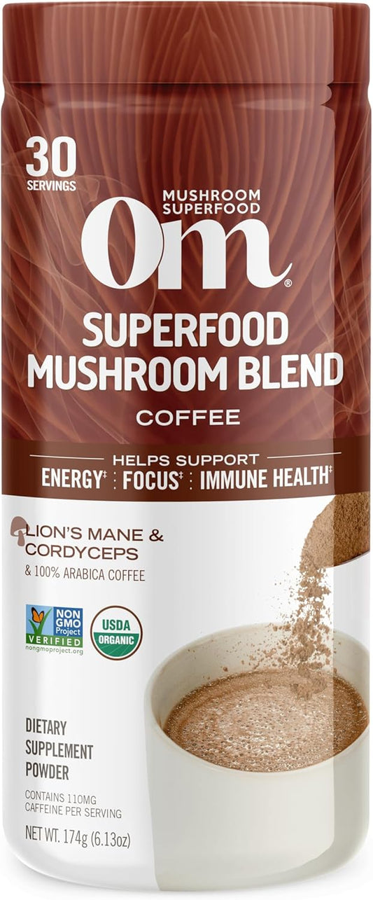 OM MUSHROOM SUPERFOOD Coffee Blend Mushroom Powder, 6.24 Ounce Canister, 30 Servings, Organic Arabica Beans, Lion's Mane, Cordyceps, Turkey Tail, Ginkgo Biloba, Supports Energy and Focus