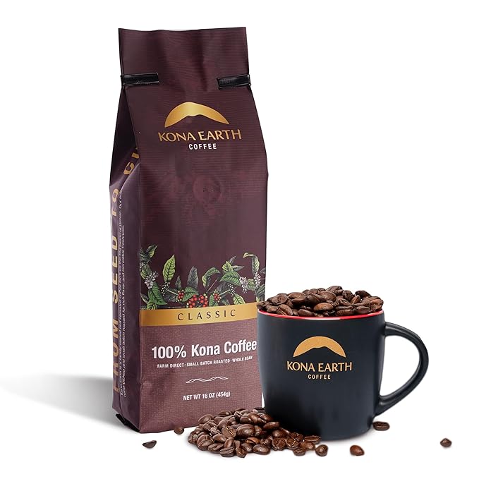 KONA EARTH 100% Kona Coffee, Classic Medium Roast, Whole Bean, 1 lb (16oz) Farm-Direct, Authentic Hawaiian Kona Coffee beans from Hawaii’s Big Island, Micro-Batch-Roasted