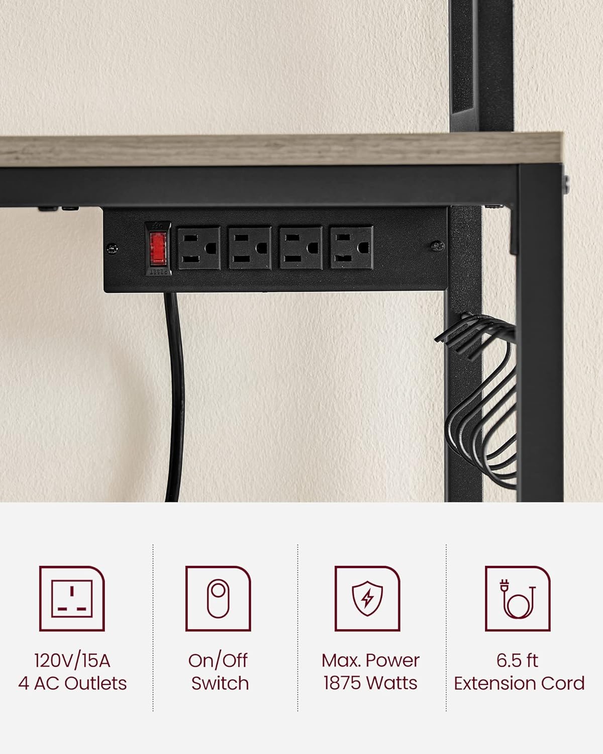 VASAGLE Hutch Bakers Rack with Power Outlet, 14 Hooks Microwave Stand, Adjustable Coffee Bar with Metal Wire Panel, Kitchen Storage Shelf, 15.7 x 31.5 x 66.9 Inches, Greige and Black UKKS025B02