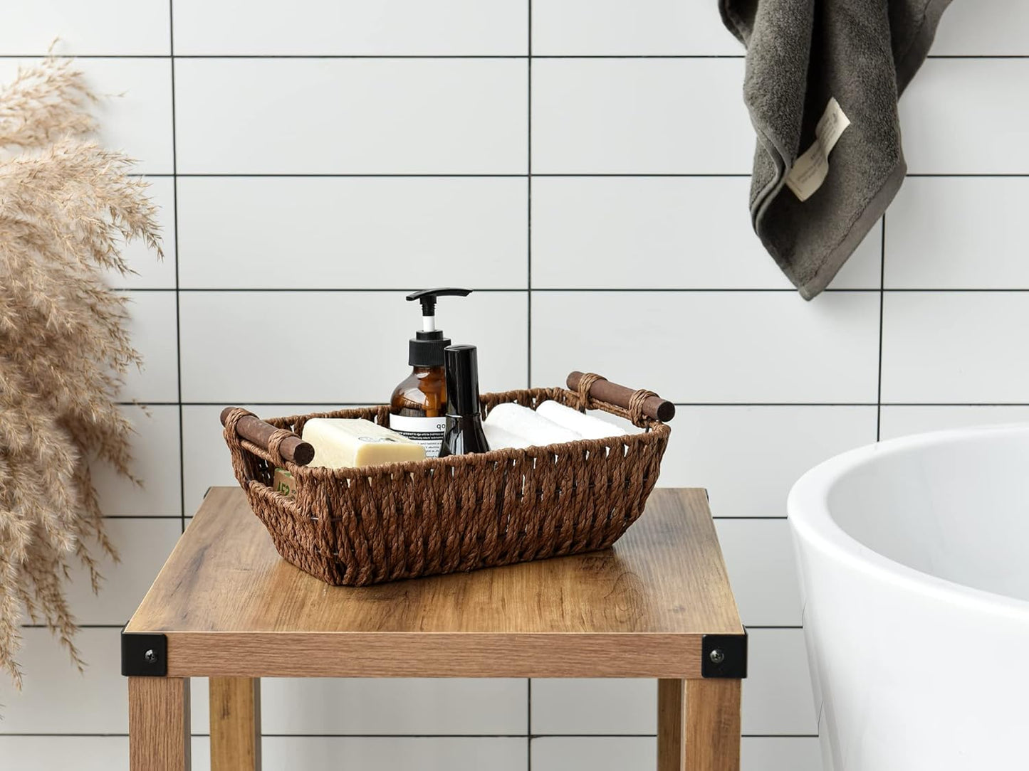 StorageWorks Handwoven Small Wicker Baskets, Round Paper Rope Storage Baskets with Wooden Handles, Dark Brown, 2-Pack