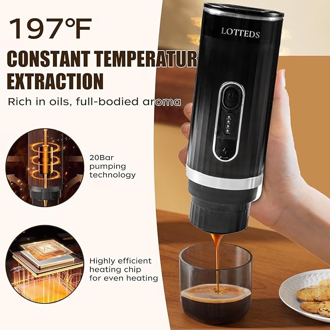 Portable Espresso Machine, Car Coffee Maker Self-Heating with Type-C, Compatible with Ground Coffee & Capsule for Travel, RV, Hiking, Camping, Office