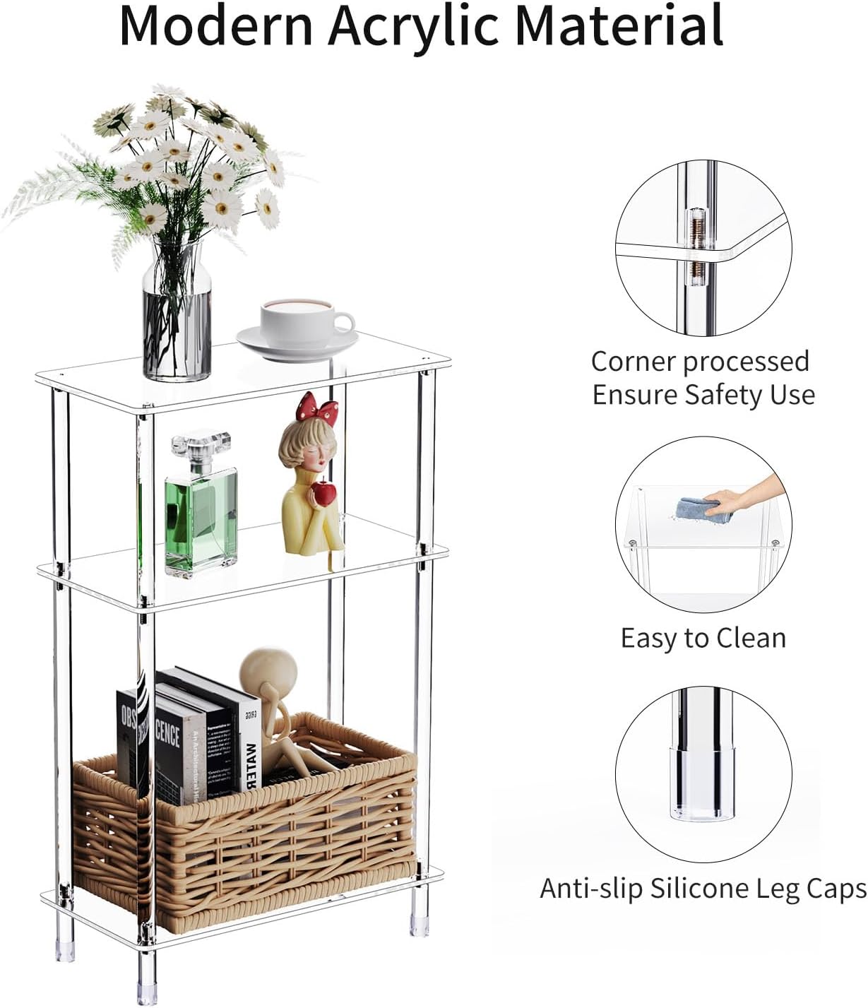 Clear Acrylic Narrow Side Table for Small Spaces, 15.7" L x 7.87" W x 24.6" H, 3 Tier Rectangle Slim End Table Nightstand, Small Skinny Bedside Table for Living Room, Bedroom, Bathroom