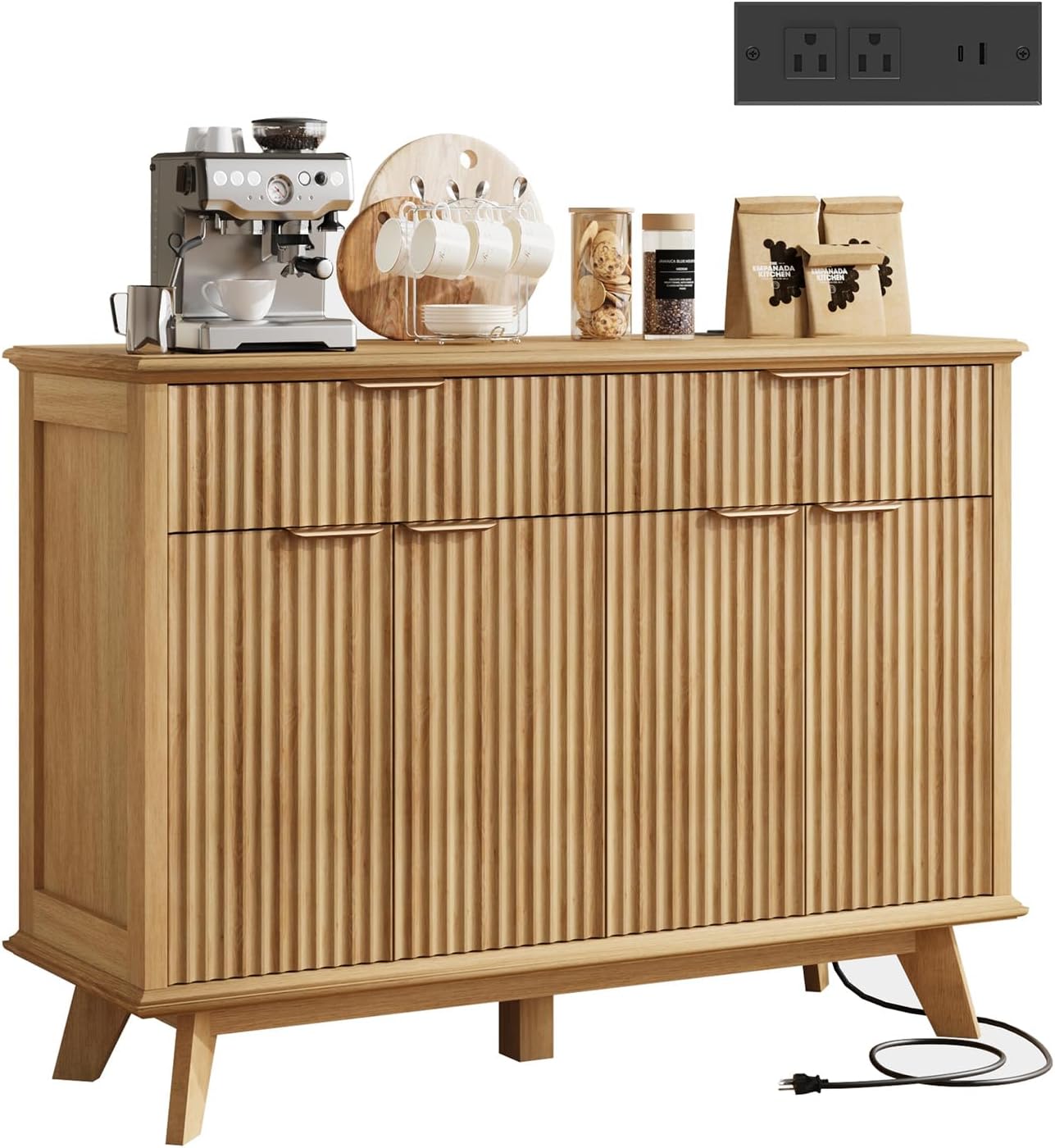 QUW Fluted Buffet Sideboard Cabinet with Storage, 47.2" Kitchen Cabinet with Drawers and Adjustable Shelves, Modern Coffee Bar with Charging Station, for Dining Room, Living Room, Natural Oak