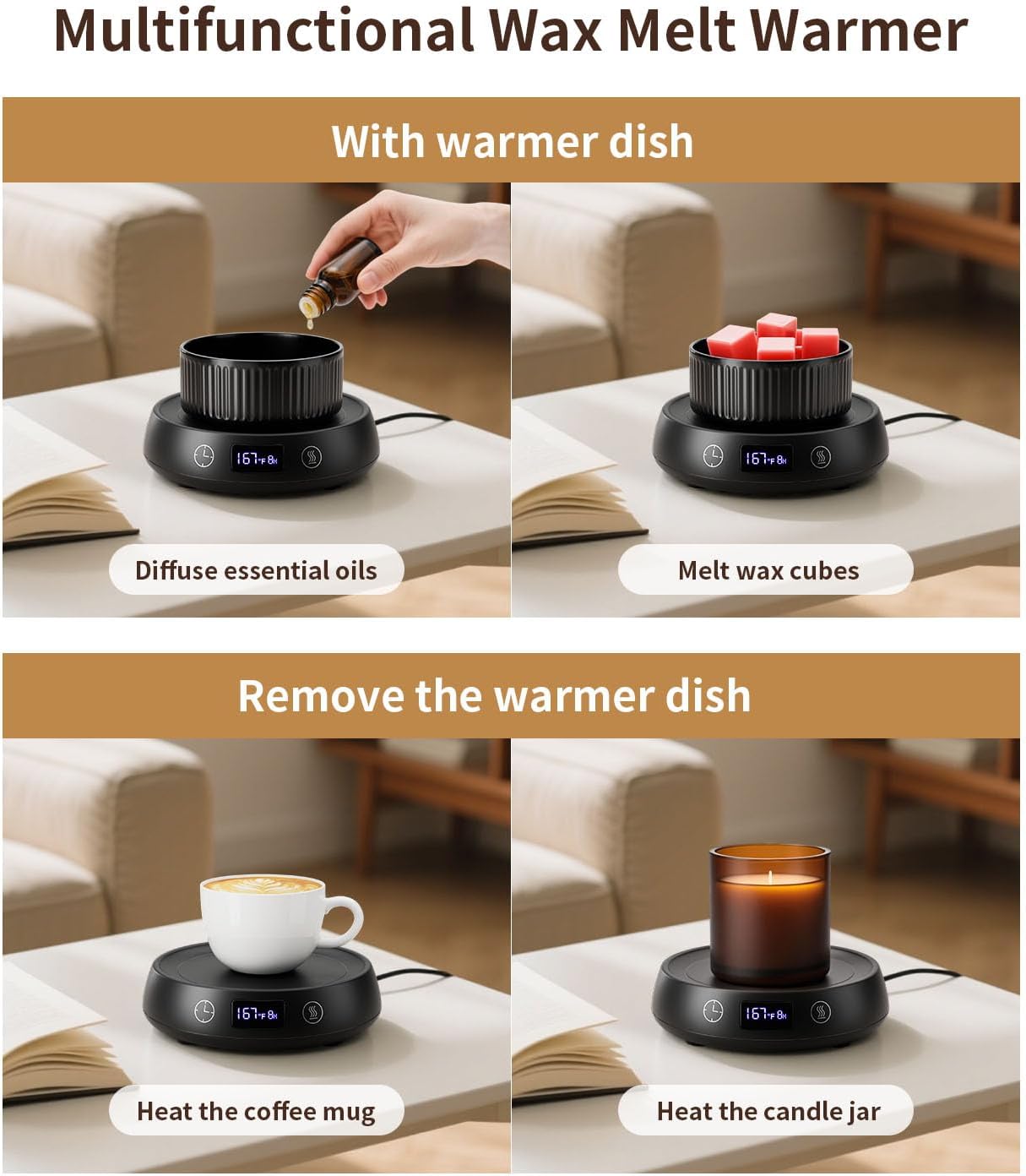 Wax Melt Warmer 3-in-1 Candle Warmer with Timer, Electric Scented Wax Melter Fragrance Wax Cube Burner for Home Bedroom Office, 8H Auto Shut Off 3 Temperature Setting (Black)