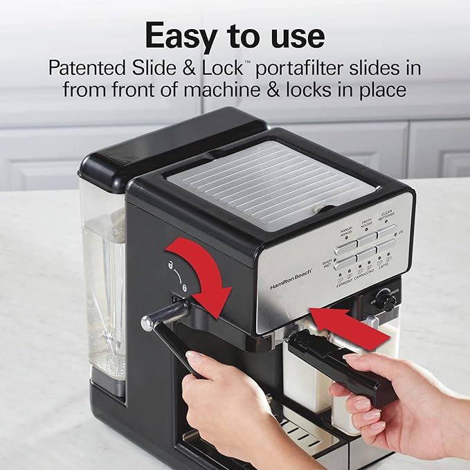 Hamilton Beach Slide and Lock Espresso Machine, Programmable Coffee Maker for Café-Quality Cappuccino & Latte, 15 Bar Pump, Milk Frother Steamer Wand, 70 oz. Removable Reservoir, Black (40750)