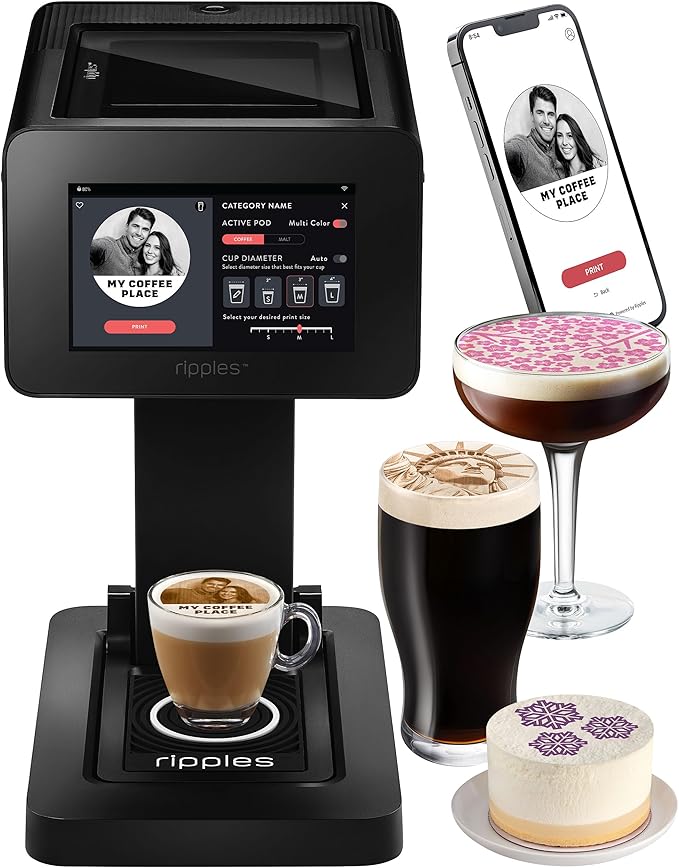 Ripples The Original Maker II, Print on Beverage Foam and Desserts, Plant-Based Ingredients Only, Selfie and Personalized Designs (Machine + Coffee Pod)