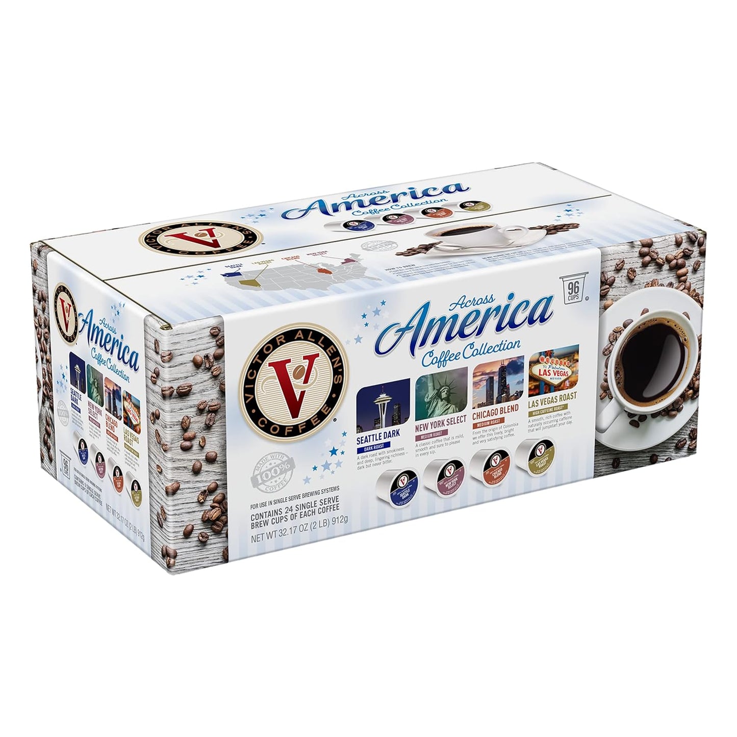 Victor Allen's Coffee Across America Variety Pack (Seattle Dark, New York Select, Chicago Blend, Las Vegas Roast), 96 Count, Single Serve Coffee Pods for Keurig K-Cup Brewers