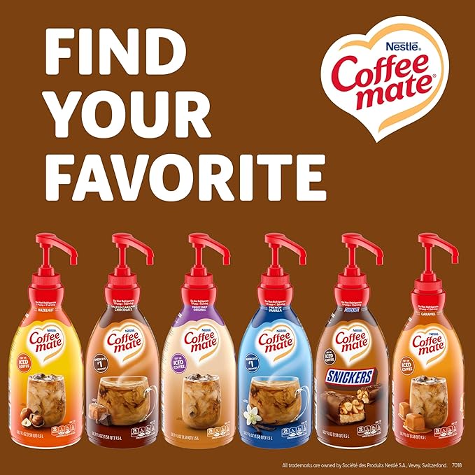 Nestle Coffee mate Coffee Creamer, Snickers, Concentrated Liquid Pump Bottle, Non Dairy, No Refrigeration, 50.7 fl oz (Pack of 2)