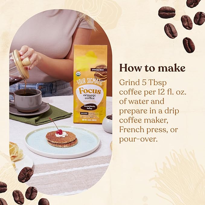 Four Sigmatic Dark Roast Organic Whole Bean Coffee | Gourmet Nootropic Mushroom Coffee Beans with Lion's Mane & Chaga Mushrooms for Enhanced Brain Function and Immune Support | 12oz