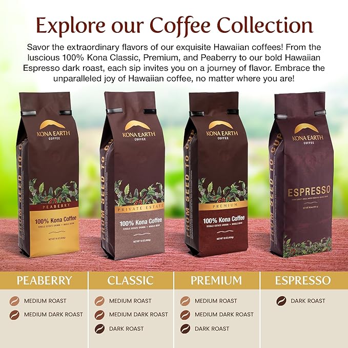 KONA EARTH - 100% Kona Coffee, Classic Medium Dark Roast, Whole Bean (8oz) Farm-Direct Authentic Hawaiian Kona Coffee beans from Hawaii’s Big Island, Small-Batch Roasted