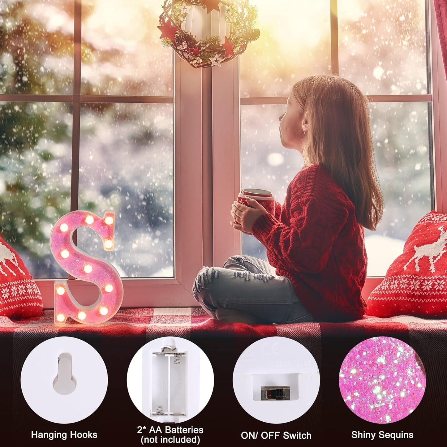 Foaky Pink Light up Letters，Pink Party Decorations,Girls Room Decor,Glitter Light Up Letters,Alphabet Letter Sign for Night Light Birthday Party Girls Gifts, Home Bar Decoration（E）