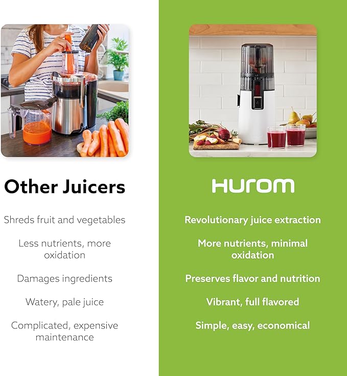 Hurom H70 Cold Press Juicer Machine, Easy to Clean Masticating Slow Juicer, Ideal Balance of Size and Function, Compact, Strainer Free, Self Feeding, Hands Free, with Wide Mouth Hopper (White)